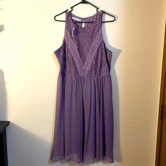 open lace back dress Cute Dark Purple Knee Length Satin Bridesmaid Dress, Lace Floral Party –  Cutedressy main image 1